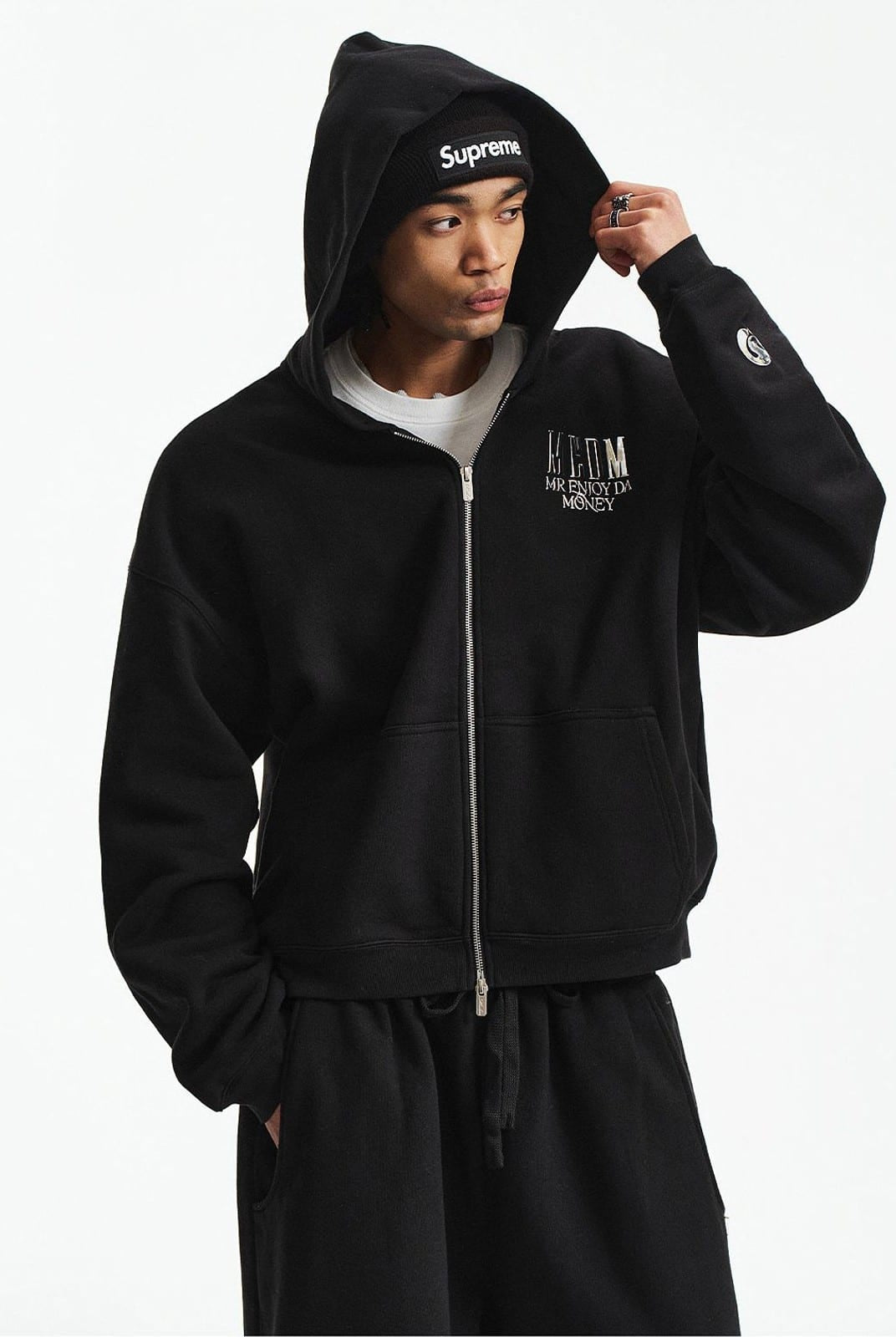MEDM 3D Logo Two Way Zip Cotton Hoodie in Black - On Male Model