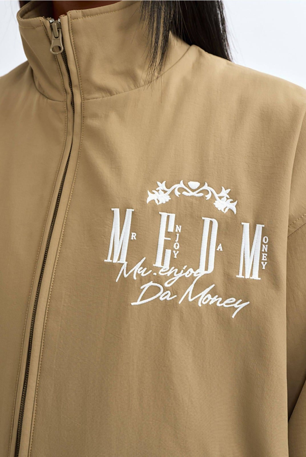 MEDM Nylon Stand Collar Coach Jacket in Beige - On Model