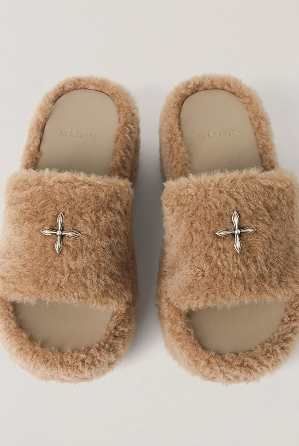 SMFK Cross Hardware Shearling High Heel Mules in Beige