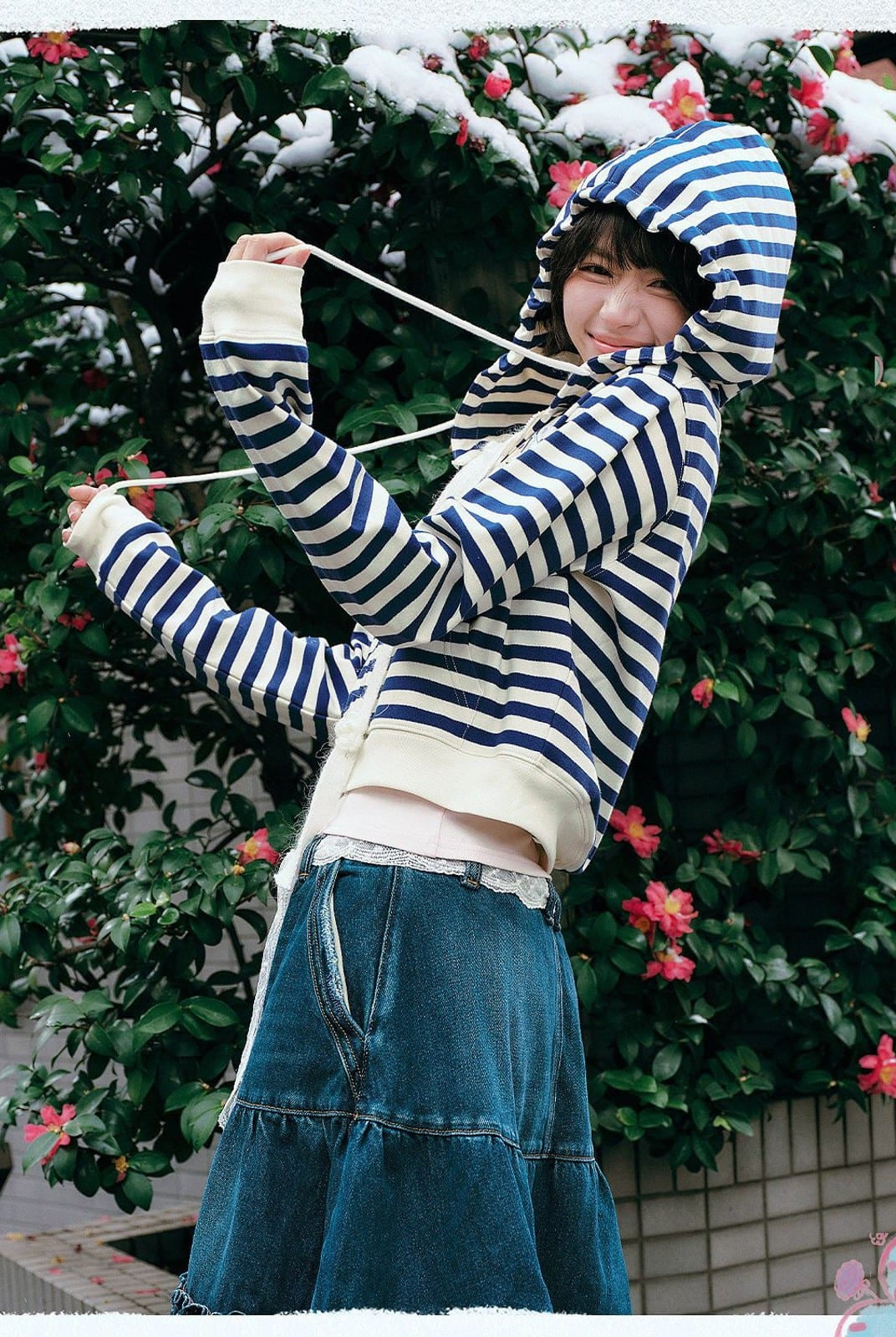 MEDM Cropped Striped Applique Zip Hoodie in Navy Blue - On Female Model