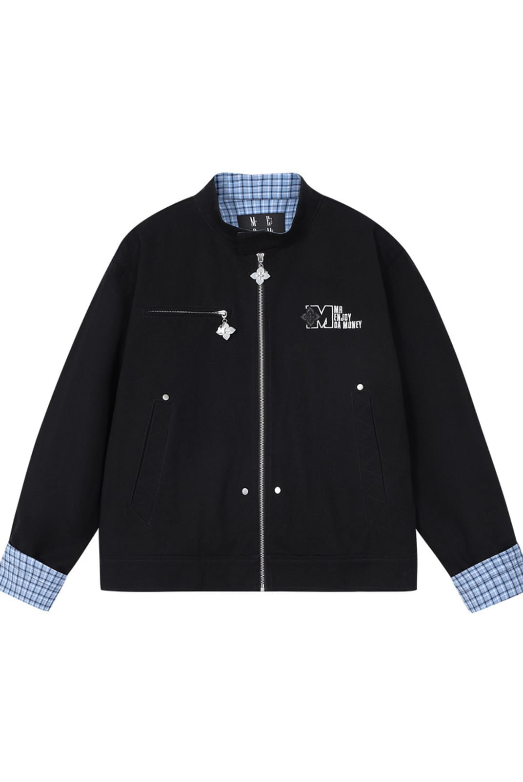 MEDM Plaid Collar Cotton Zip Up Jacket in Black