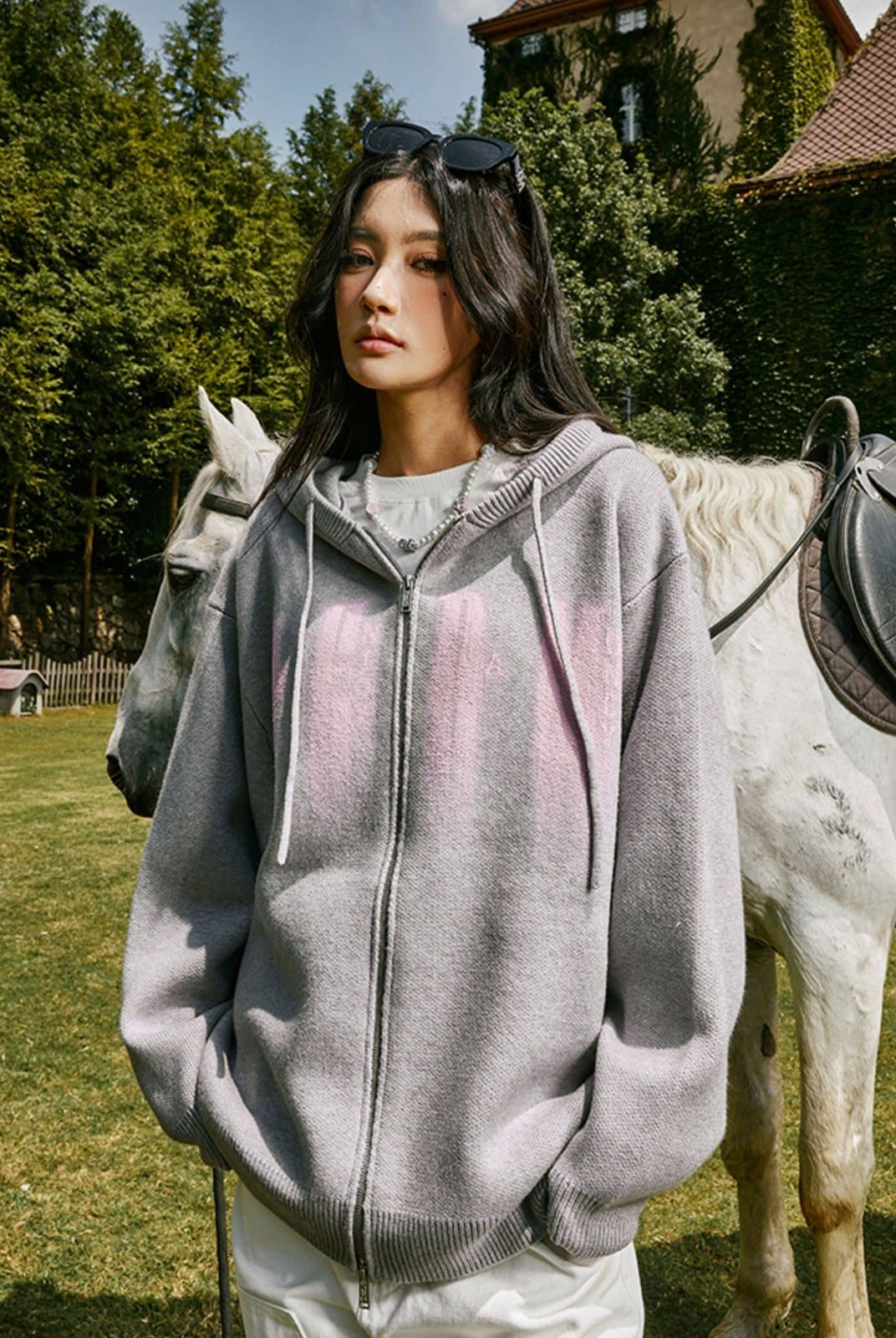 MEDM Zip Up Hooded Knit Cardigan in Gray - On Female Model