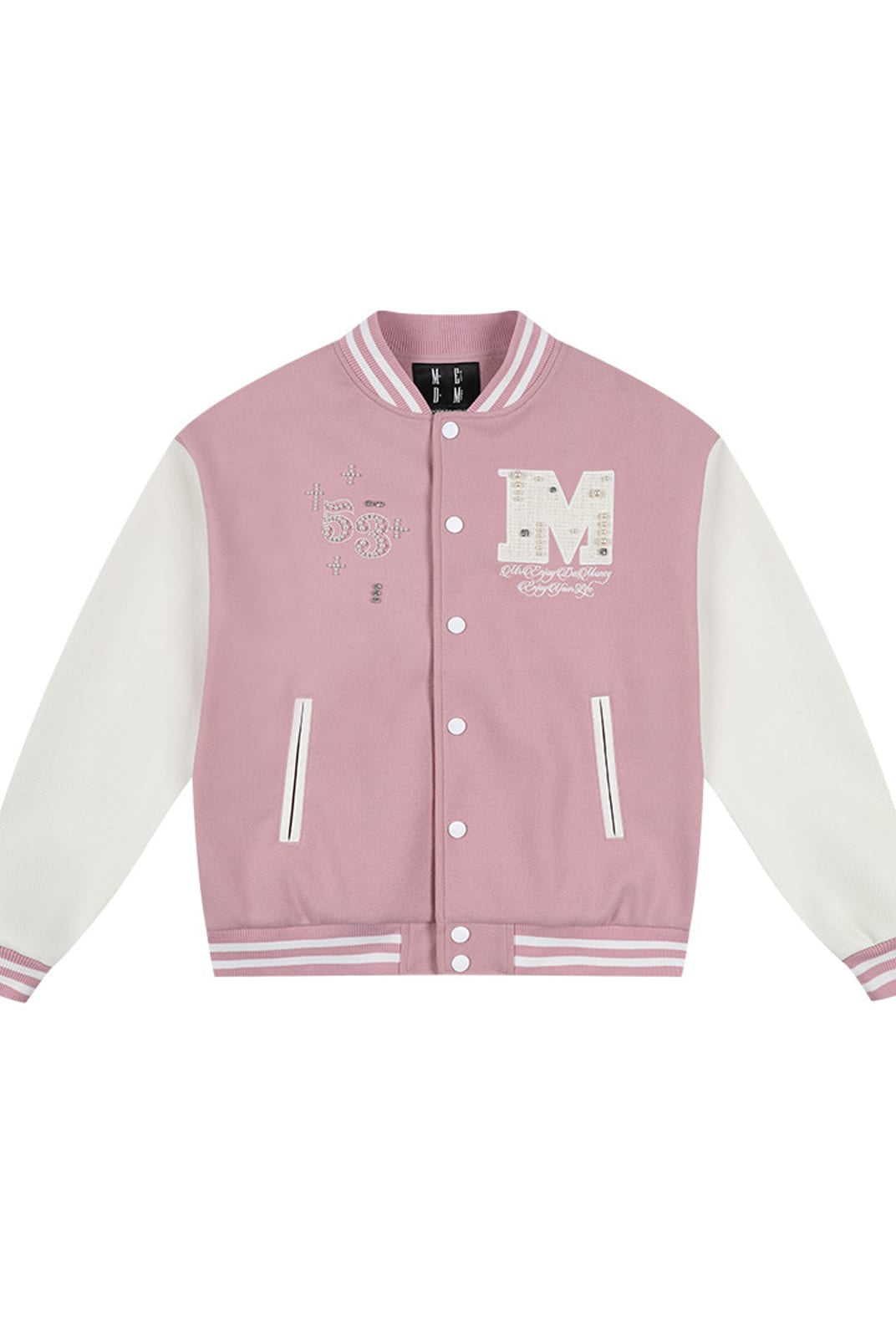 MEDM Pearl Embellished Varsity Jacket in Pink
