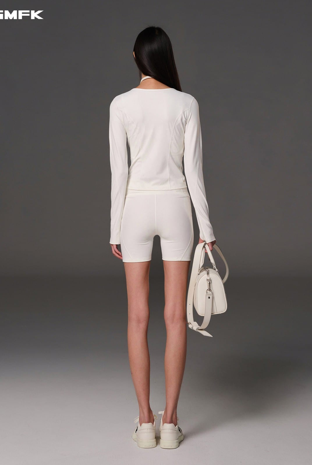 SMFK Scoop Neck Zip Up Sports Jacket in White - On Model