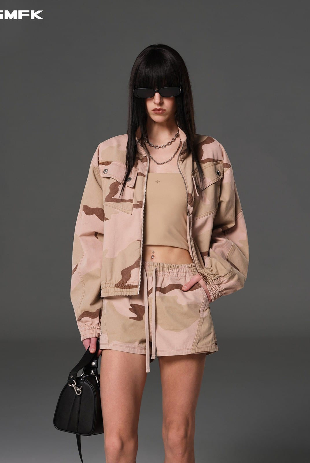 SMFK Camouflage Zip Up Cropped Jacket in Pink - On Female Model