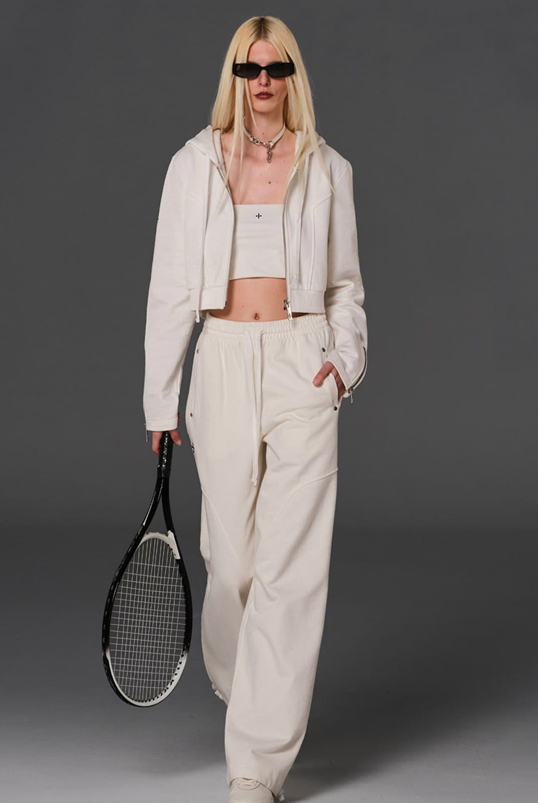 SMFK Cotton Wool Blend Cropped Zip Up Hoodie in White - On Female Model
