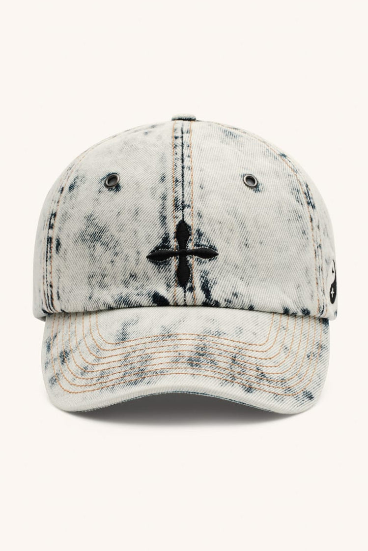 SMFK Distressed Cross Embroidered Baseball Cap in Sky Blue