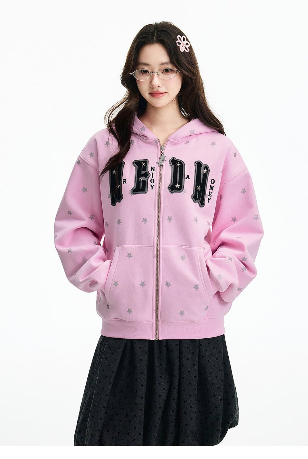 MEDM Fleece Lined Star Print Zip Hoodie in Pink - On Female Model