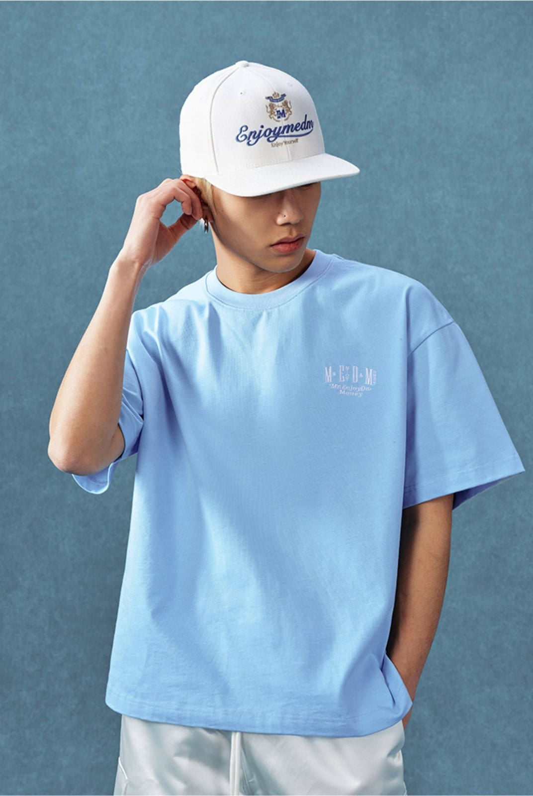 MEDM Letter Embroidery Cotton T Shirt in Sky Blue - On Male Model