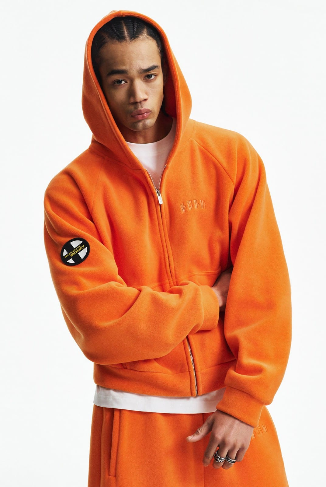 MEDM Fleece Zip Hoodie Drawstring Pants Set in Orange - On Male Model
