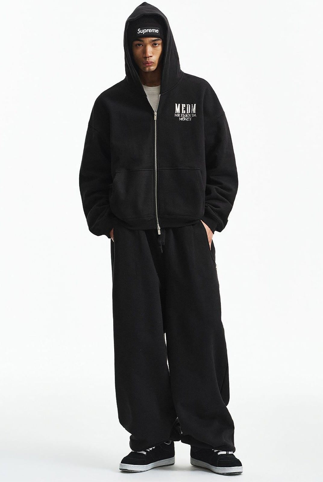 MEDM 3D Logo Two Way Zip Cotton Hoodie in Black - On Male Model