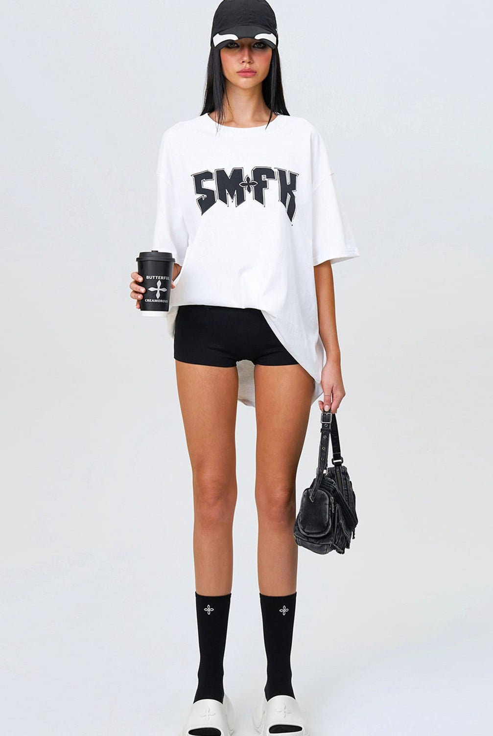 SMFK Metallic Logo Cotton T Shirt in White - On Female Model