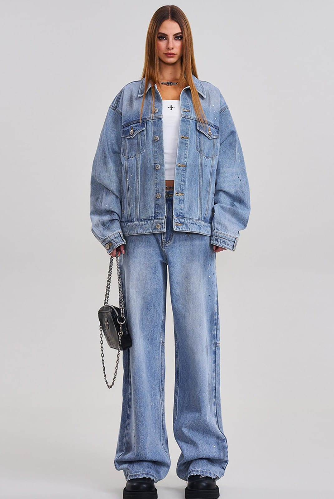SMFK Washed Wide Leg Denim Jeans in Sky Blue - On Female Model
