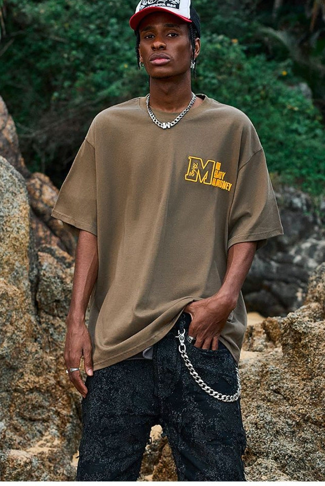 MEDM Half Sleeve Cotton Logo T Shirt in Dark Gray - On Male Model