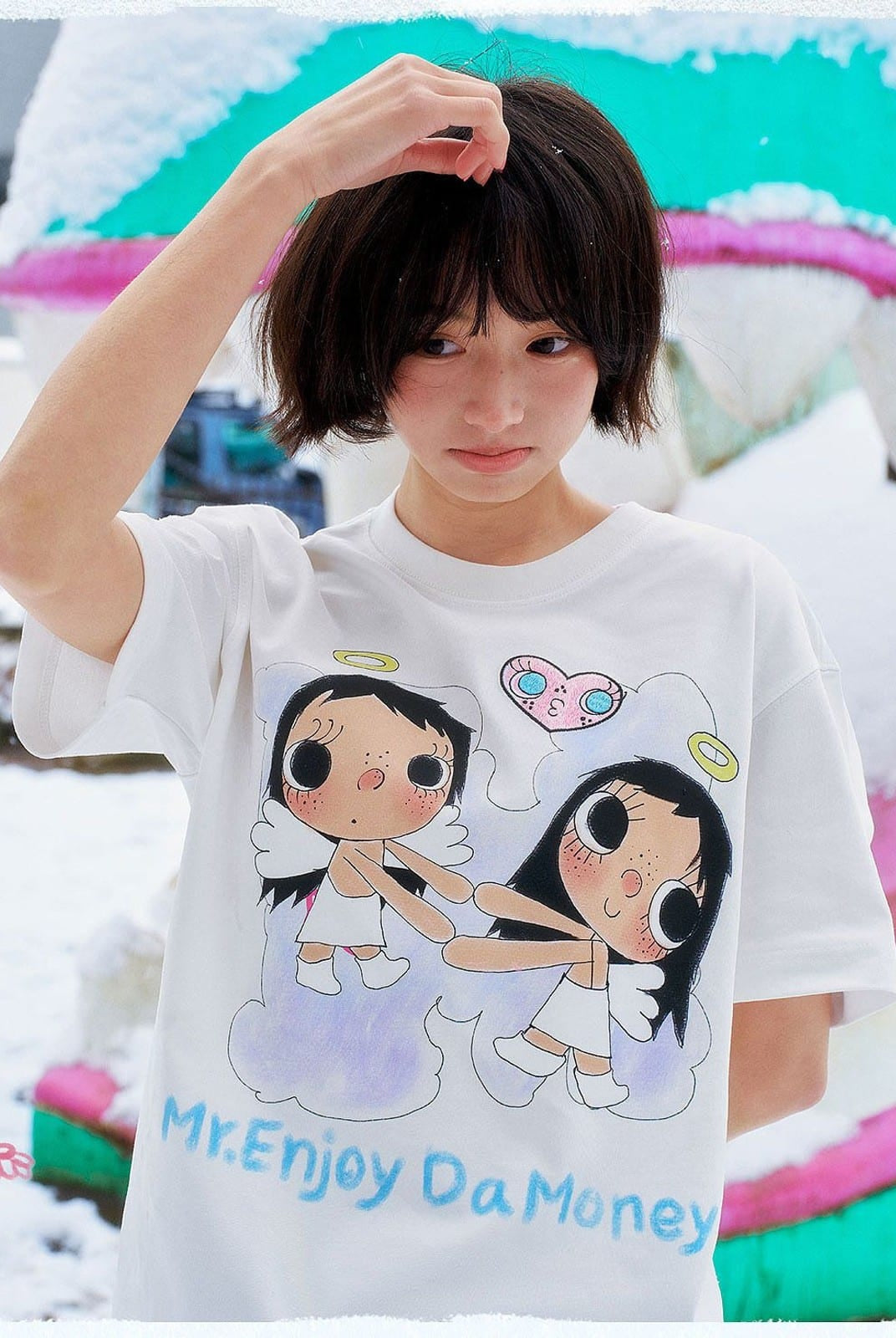 MEDM Embroidered Heart Cotton T Shirt in White - On Female Model
