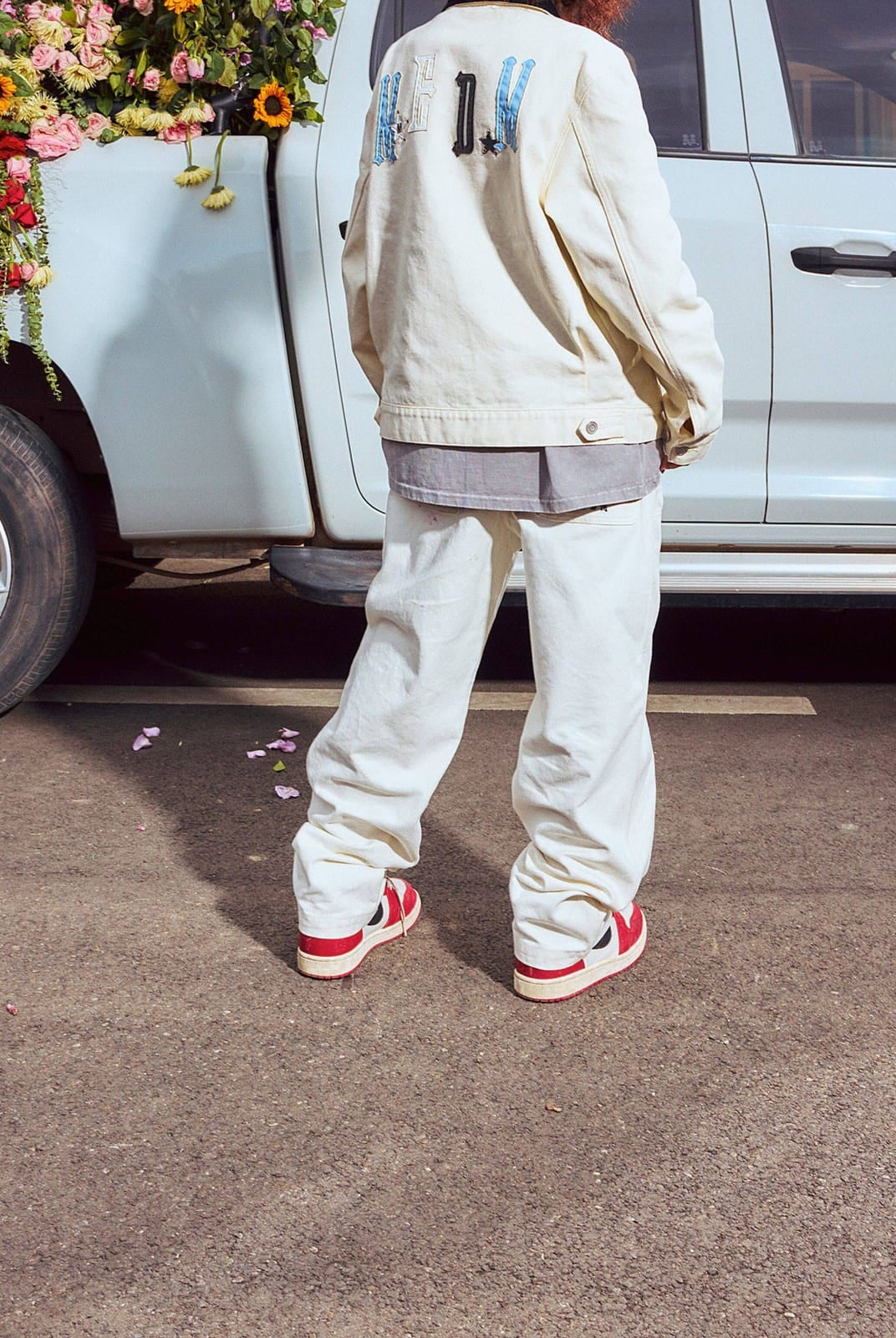 MEDM Leather Paneled Cotton Detroit Jacket in Cream - On Model