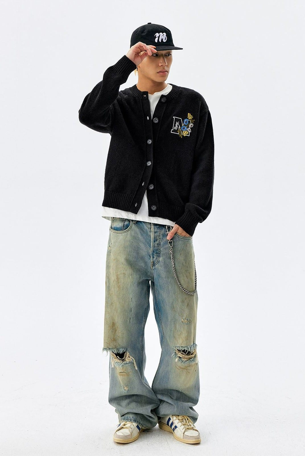 MEDM Floral Embroidered Knit Cardigan in Black - On Male Model