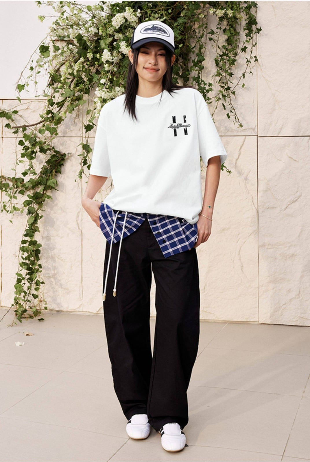 MEDM Tufted Logo Cotton T Shirt in White - On Female Model