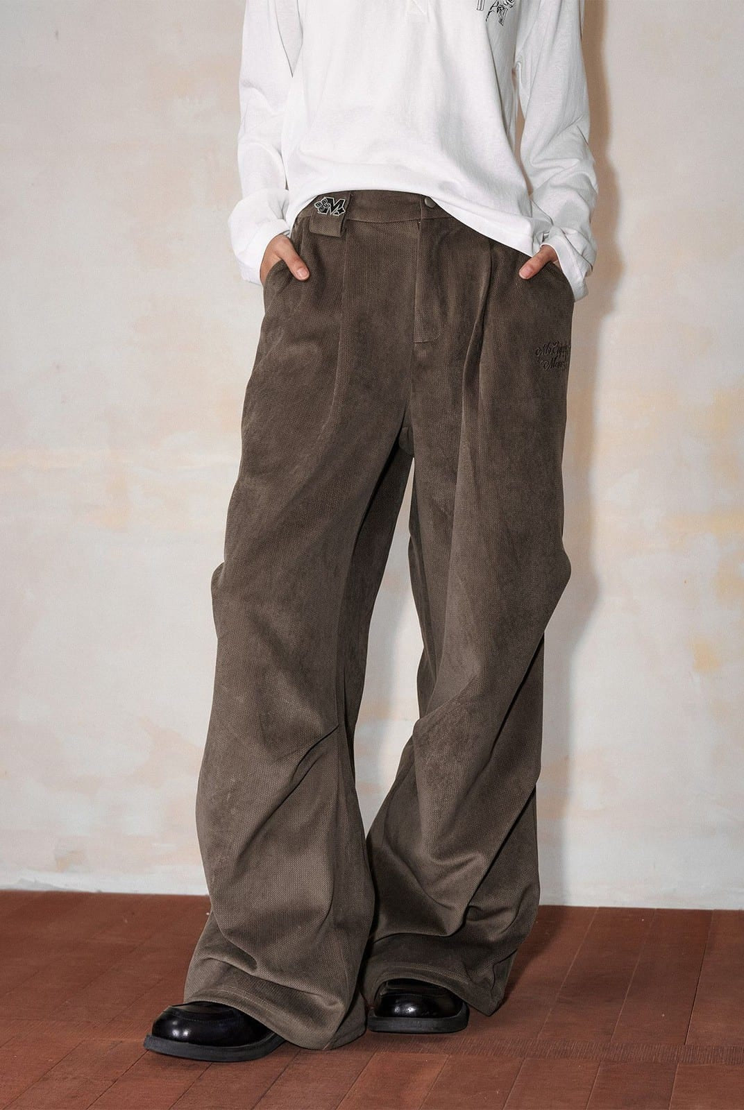 MEDM Wide Leg Parachute Cargo Pants in Brown - On Model