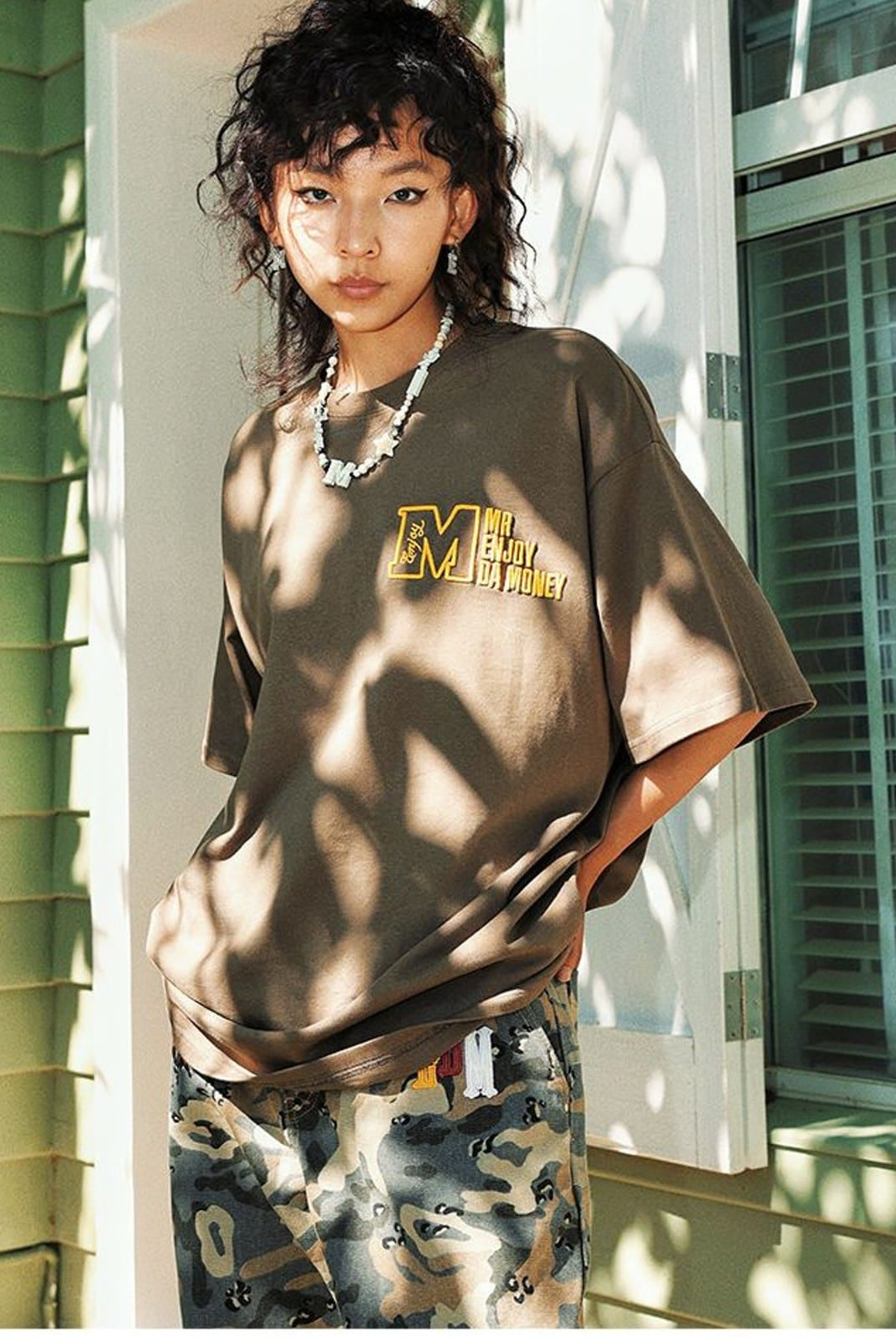 MEDM Half Sleeve Cotton Logo T Shirt in Dark Gray - On Female Model