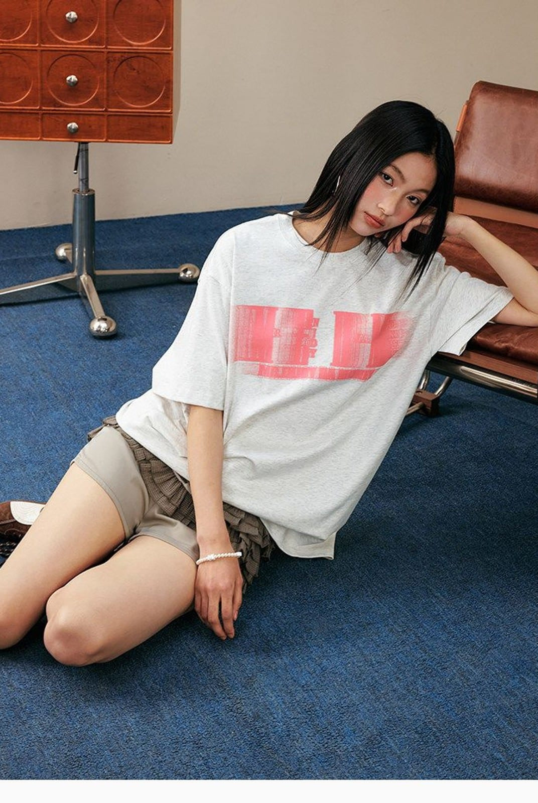 MEDM Glitch Logo Graphic Cotton T Shirt in Gray - On Female Model