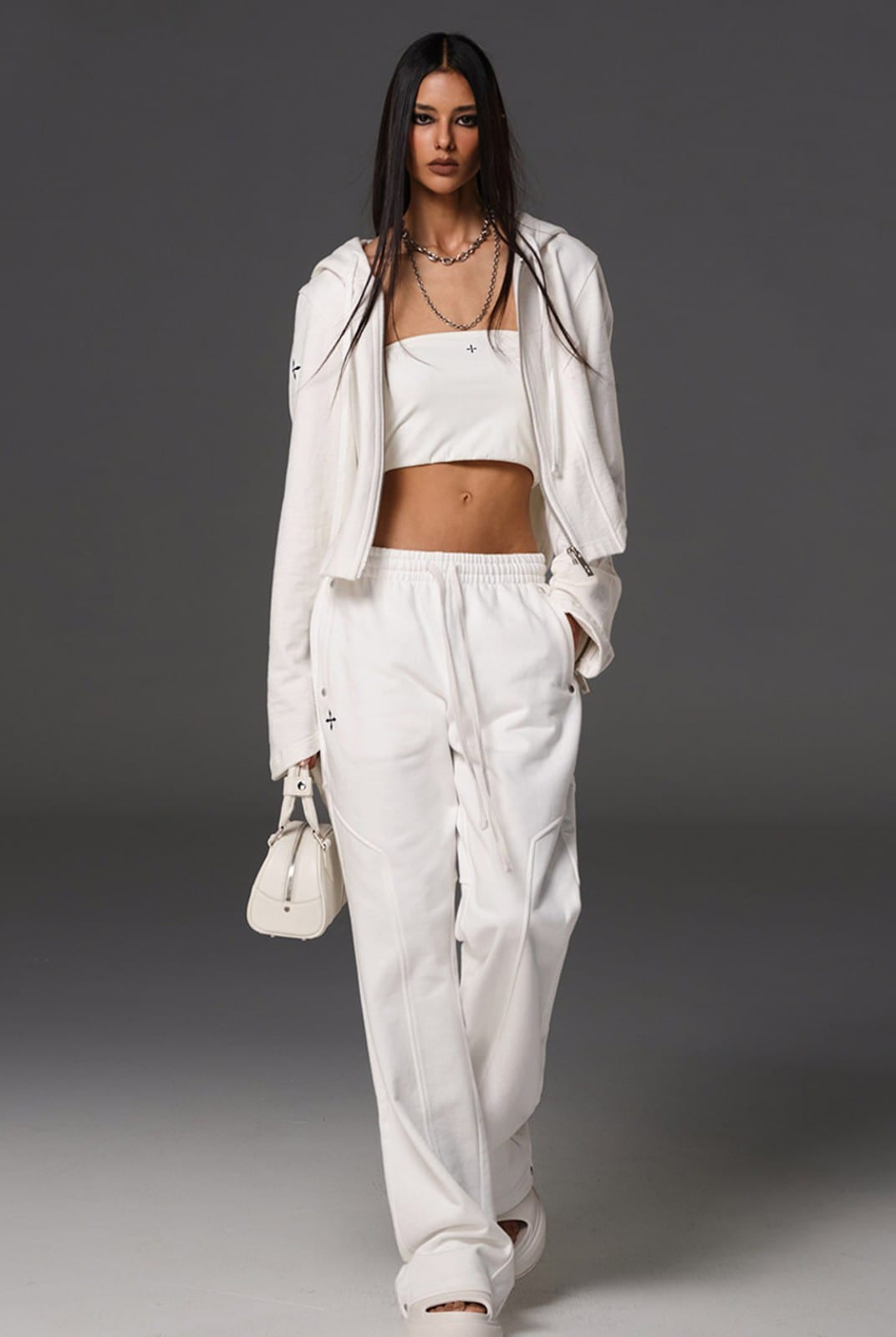 SMFK Cotton Blend Zip Up Hoodie in White - On Female Model