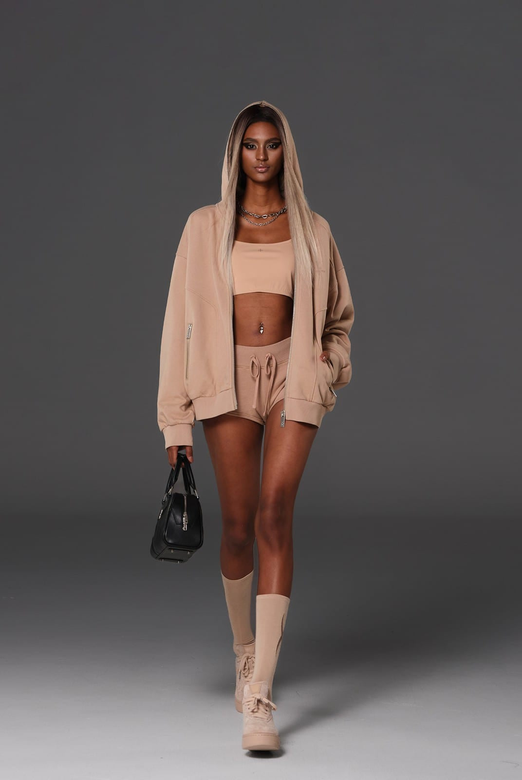 SMFK Cotton Wool Oversized Zip Up Hoodie in Beige - On Female Model