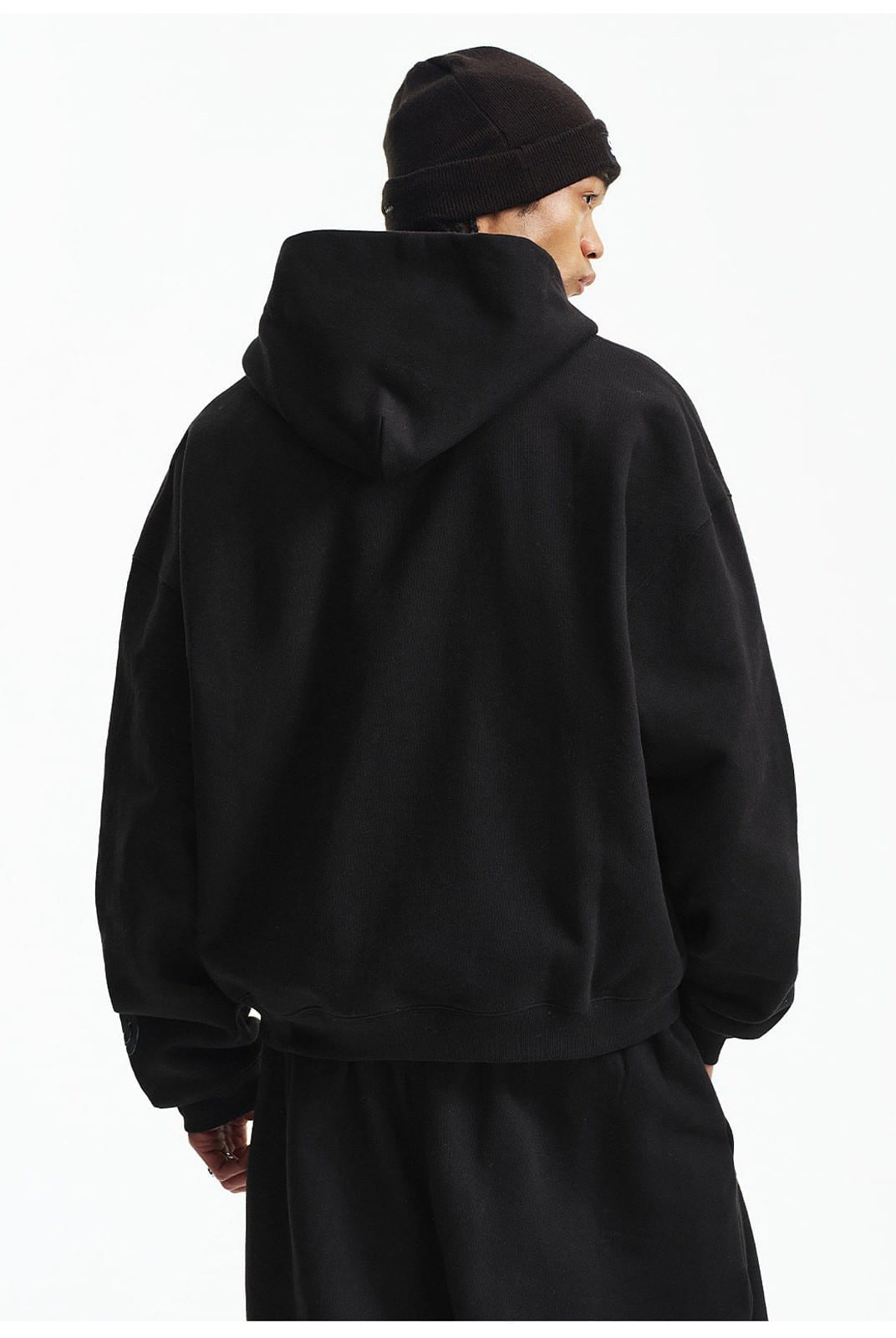 MEDM 3D Logo Two Way Zip Cotton Hoodie in Black - On Male Model