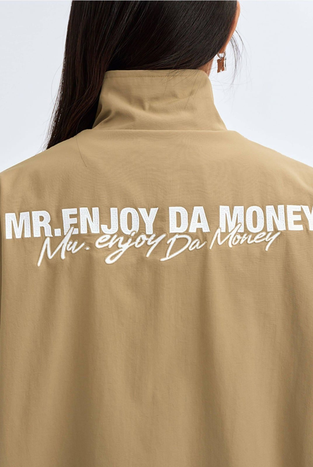 MEDM Nylon Stand Collar Coach Jacket in Beige - On Model