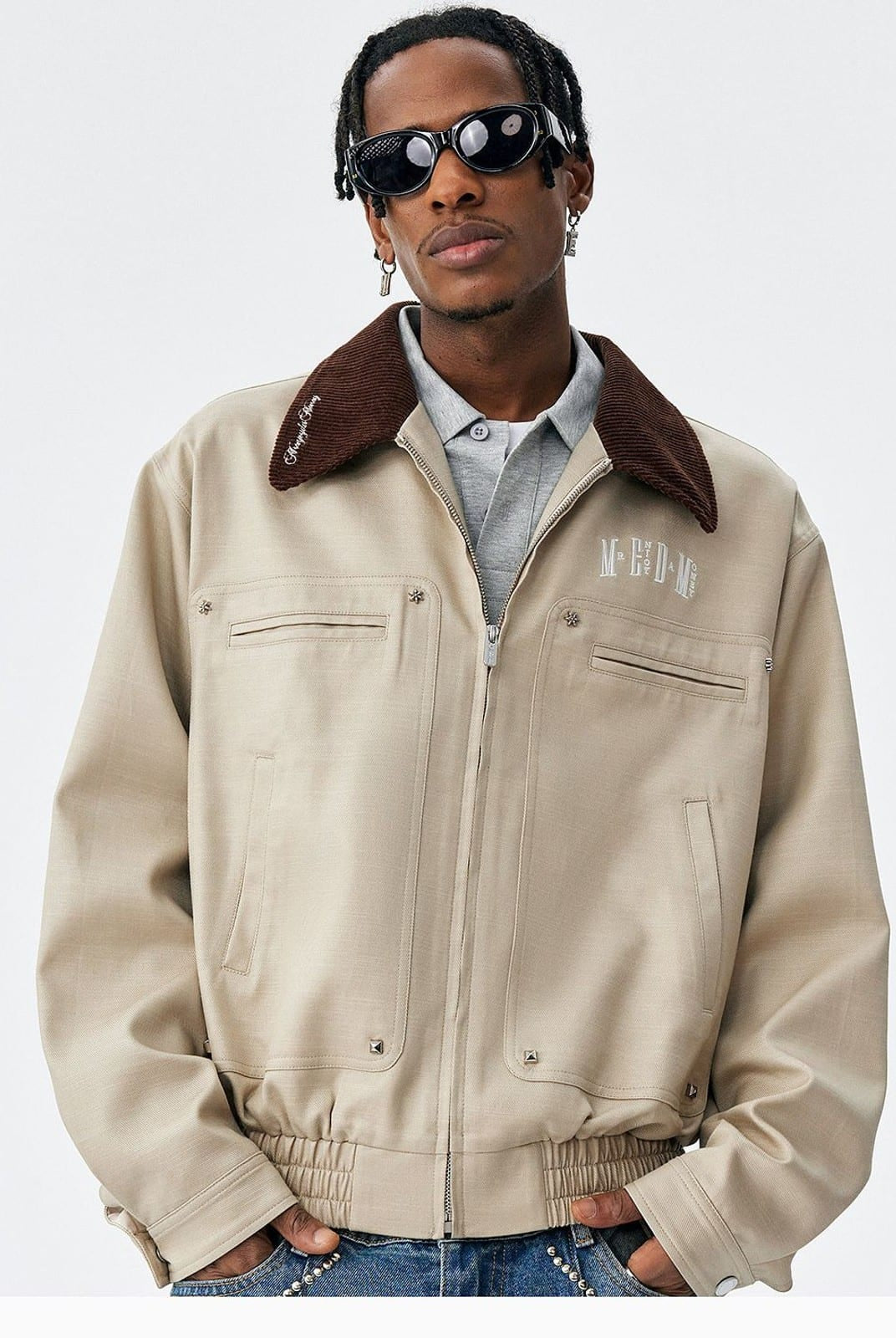 MEDM Embroidered Harrington Jacket in Beige - On Male Model
