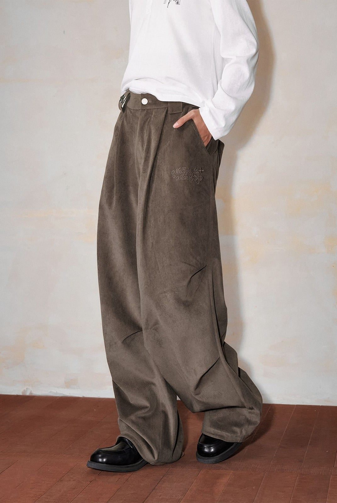 MEDM Wide Leg Parachute Cargo Pants in Brown - On Model