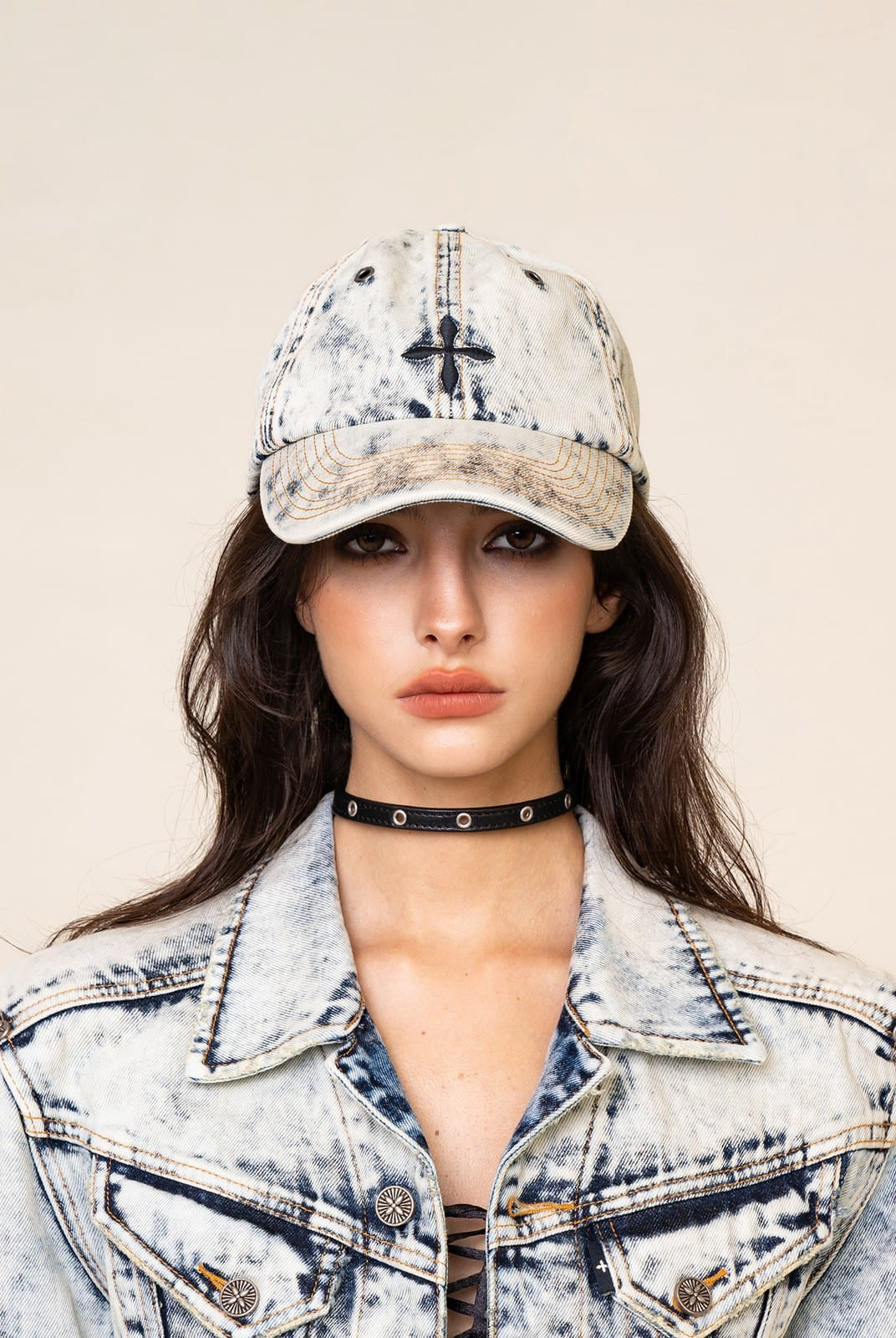 SMFK Distressed Cross Embroidered Baseball Cap in Sky Blue - On Female Model