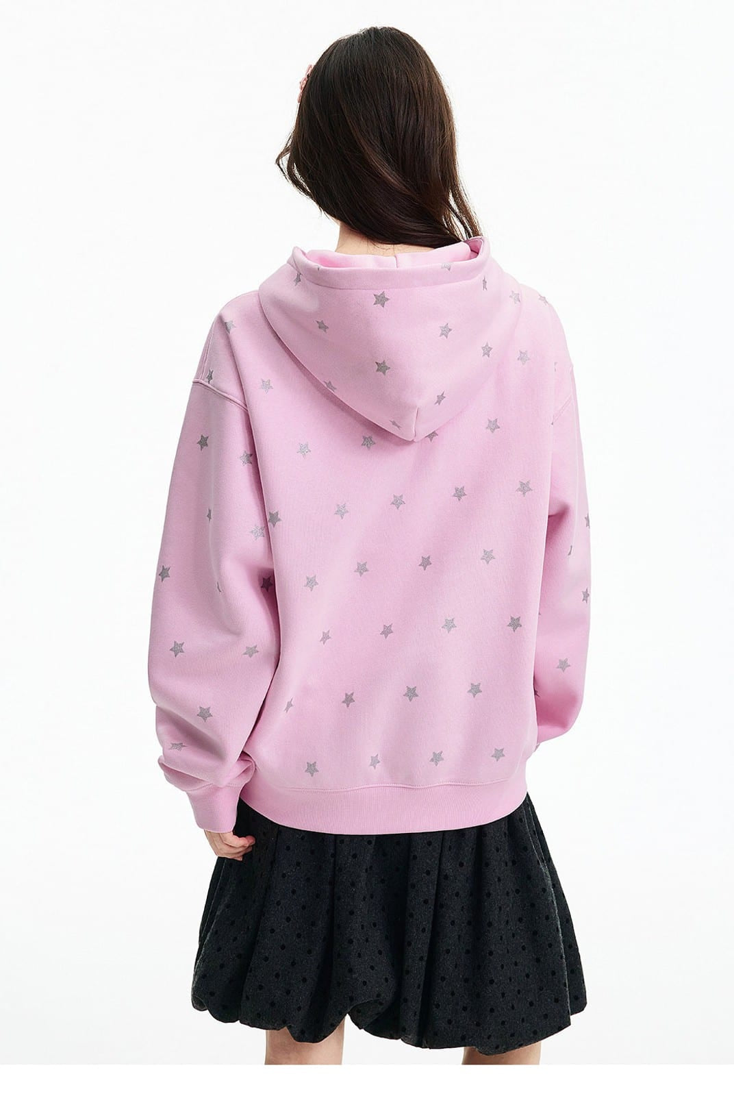 MEDM Fleece Lined Star Print Zip Hoodie in Pink - On Female Model