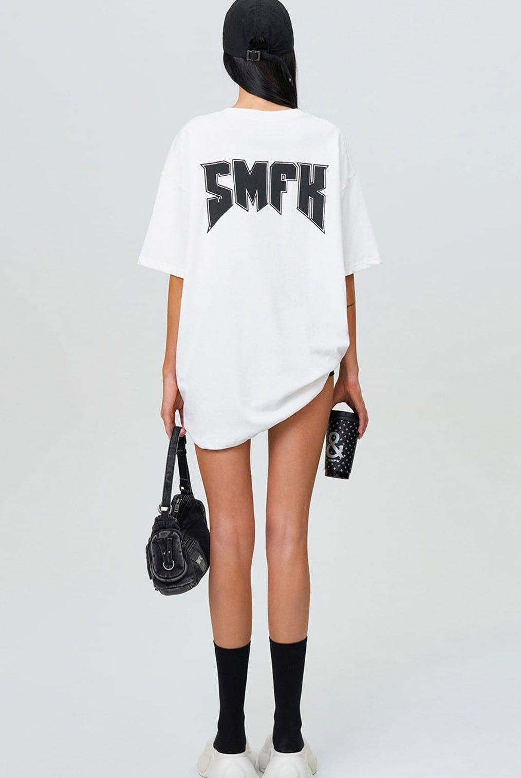 SMFK Metallic Logo Cotton T Shirt in White - On Female Model