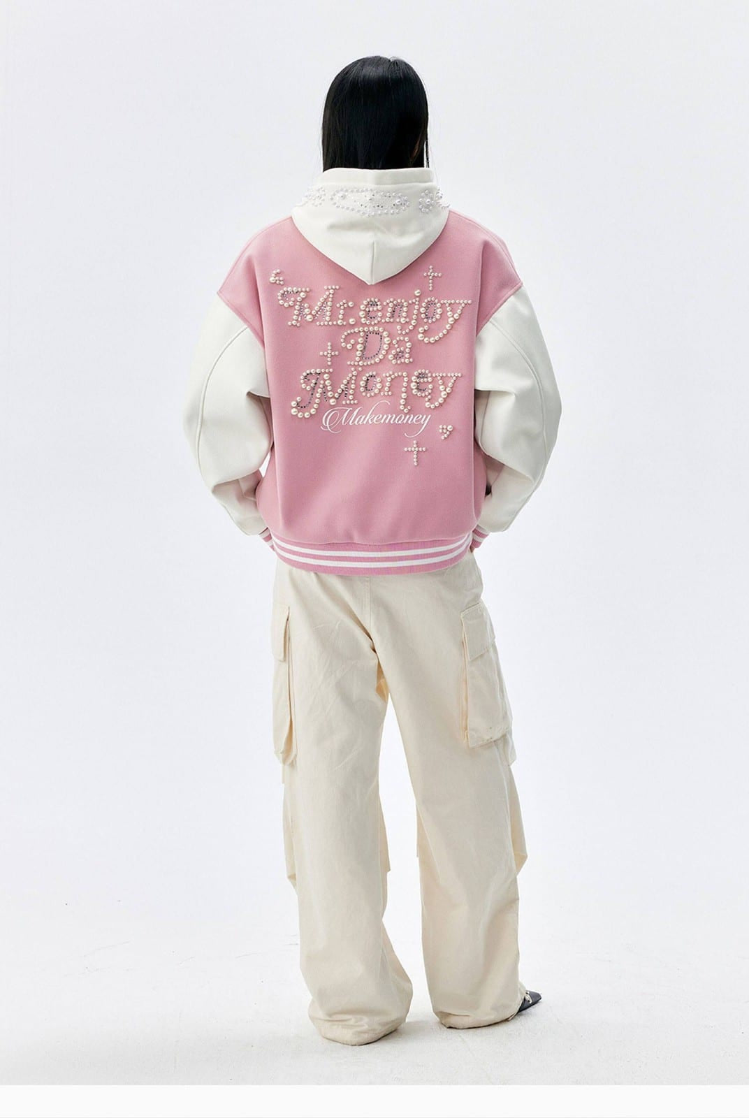 MEDM Pearl Embellished Varsity Jacket in Pink - On Model
