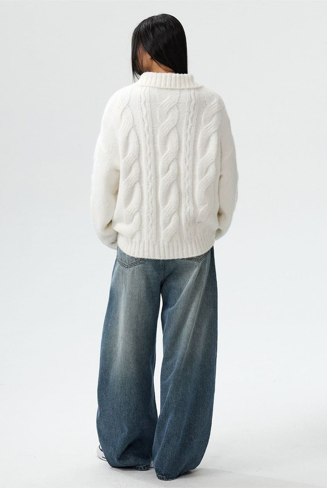 MEDM Cable Knit Quarter Zip Sweater in White - On Model