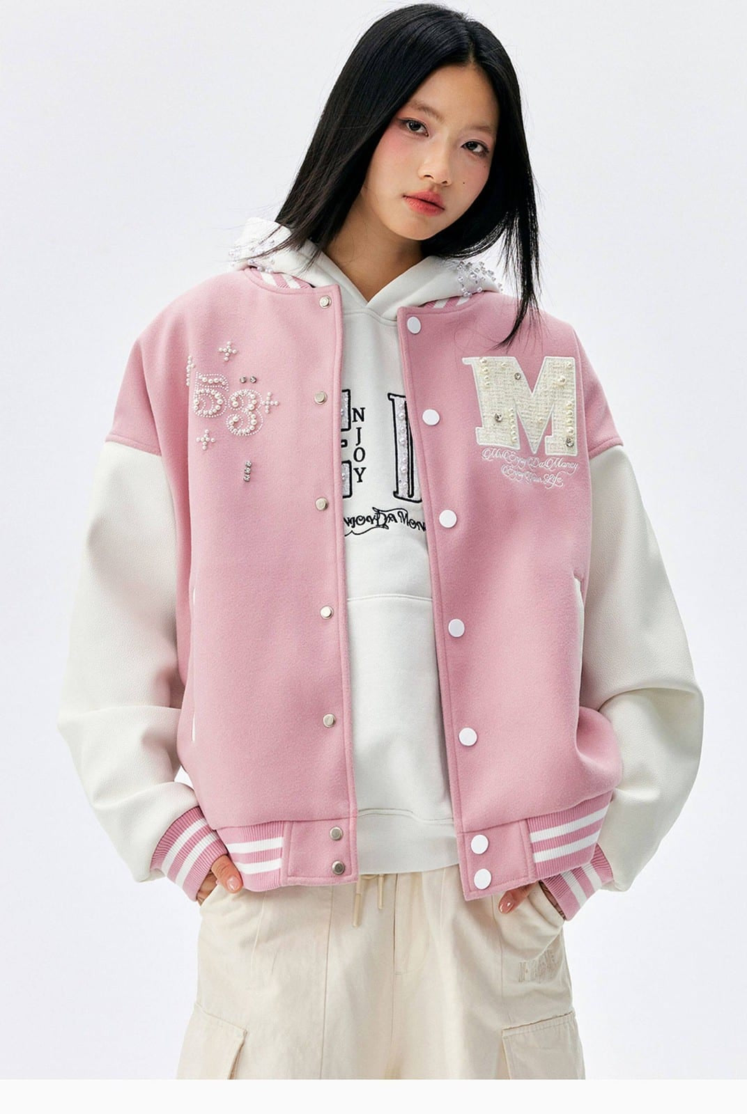 MEDM Pearl Embellished Varsity Jacket in Pink - On Female Model