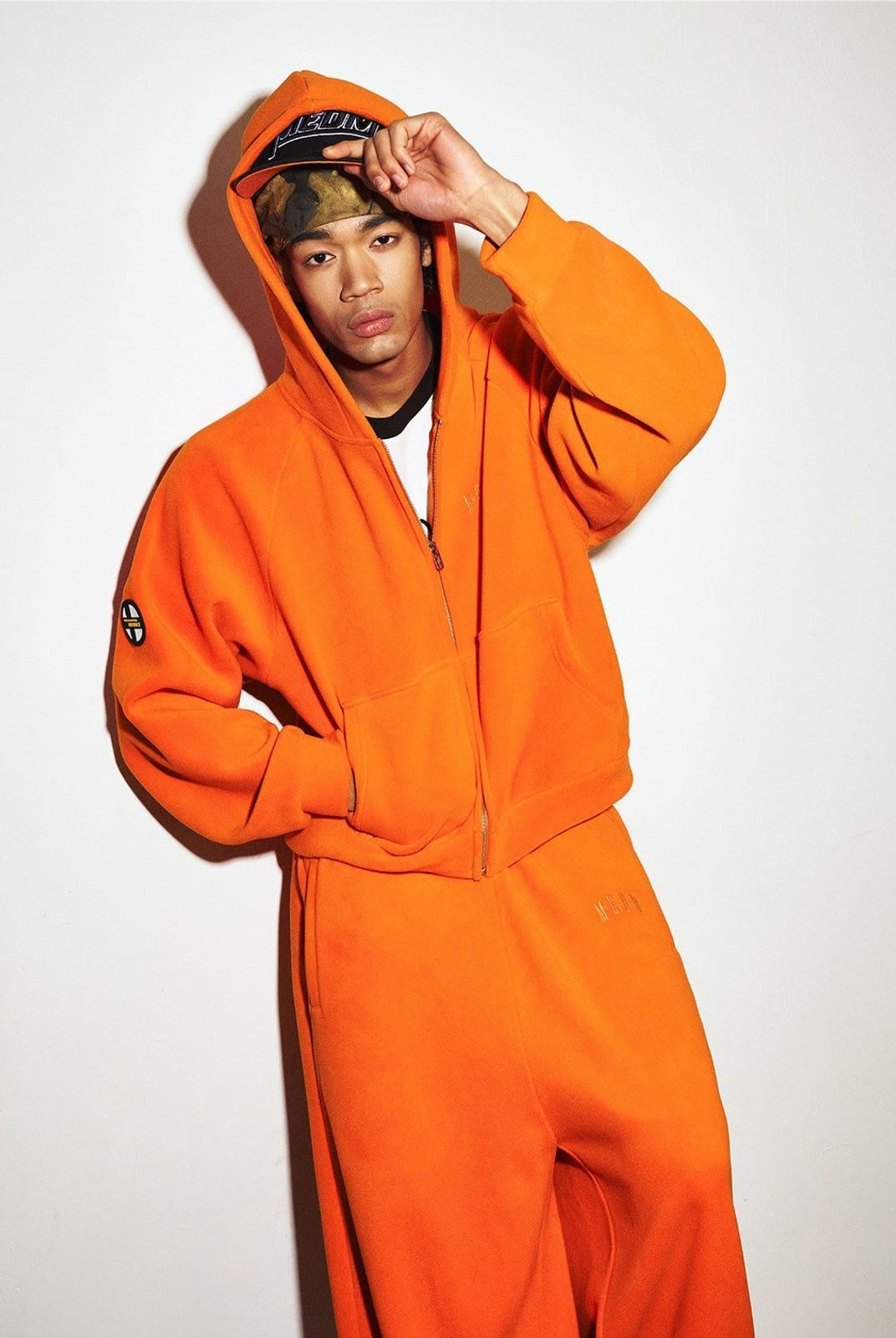 MEDM Fleece Zip Hoodie Drawstring Pants Set in Orange - On Male Model