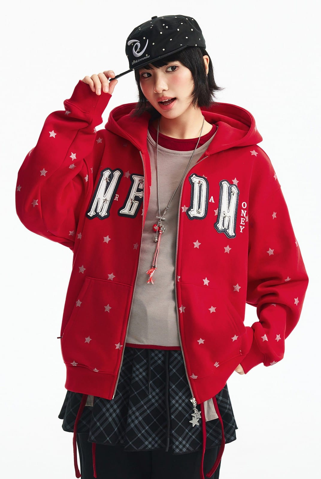 MEDM Fleece Lined Star Print Zip Hoodie in Red - On Female Model