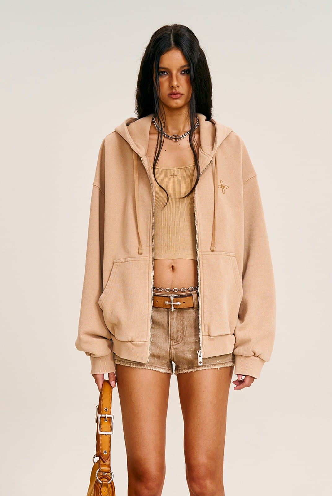 SMFK Cross Embroidered Zip Up Hoodie in Beige - On Female Model