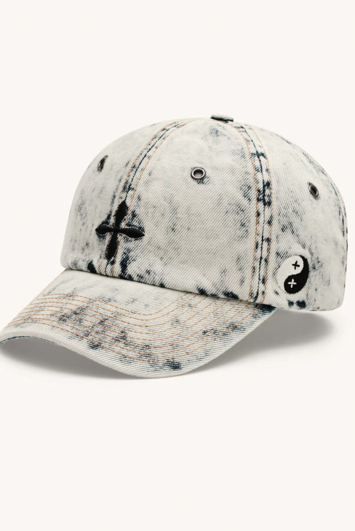 SMFK Distressed Cross Embroidered Baseball Cap in Sky Blue