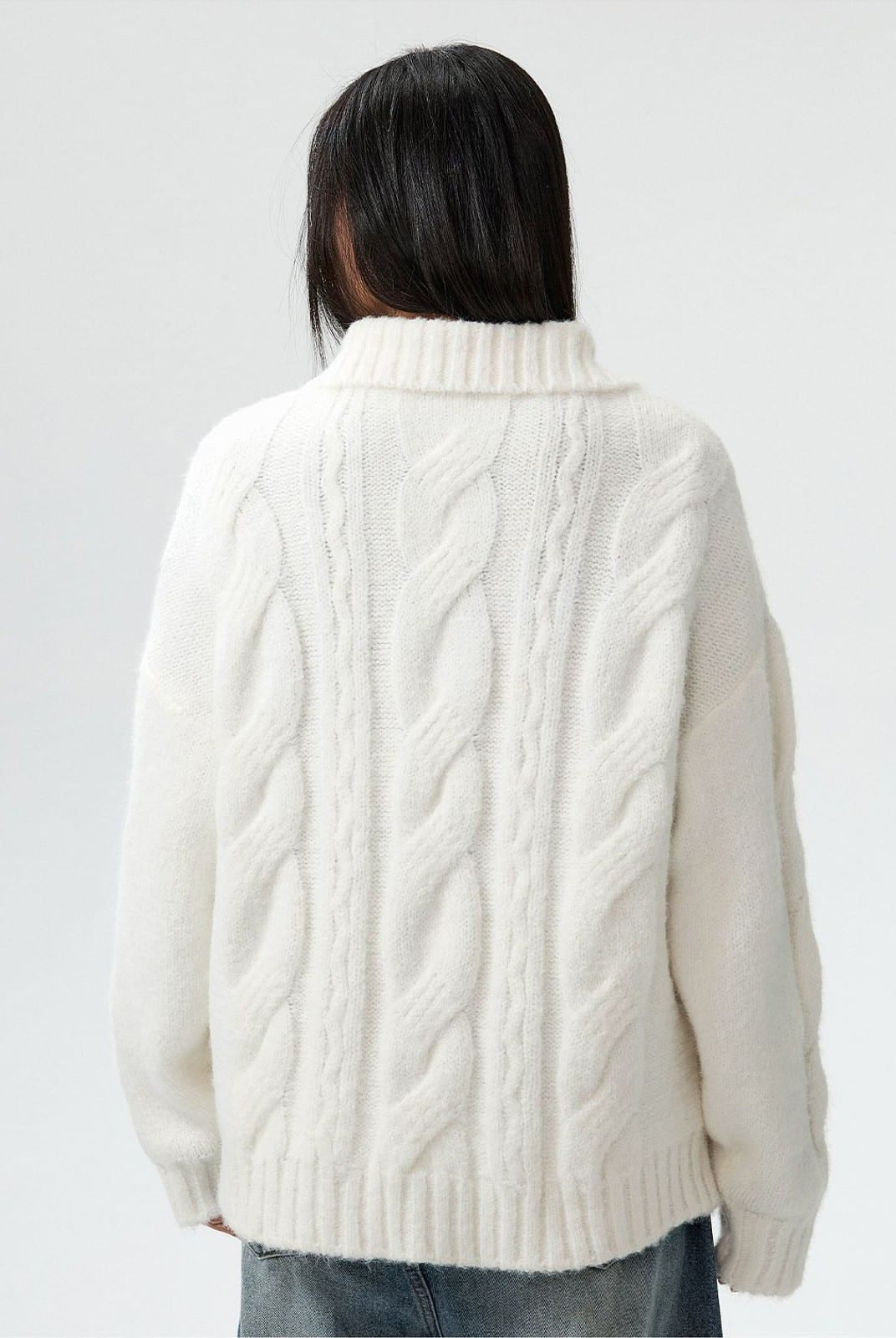 MEDM Cable Knit Quarter Zip Sweater in White - On Model
