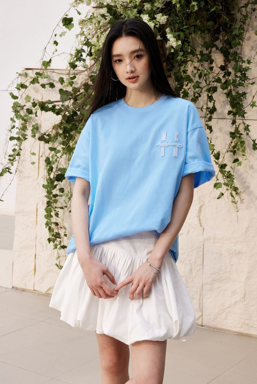 MEDM Tufted Logo Cotton T Shirt in Sky Blue - On Female Model