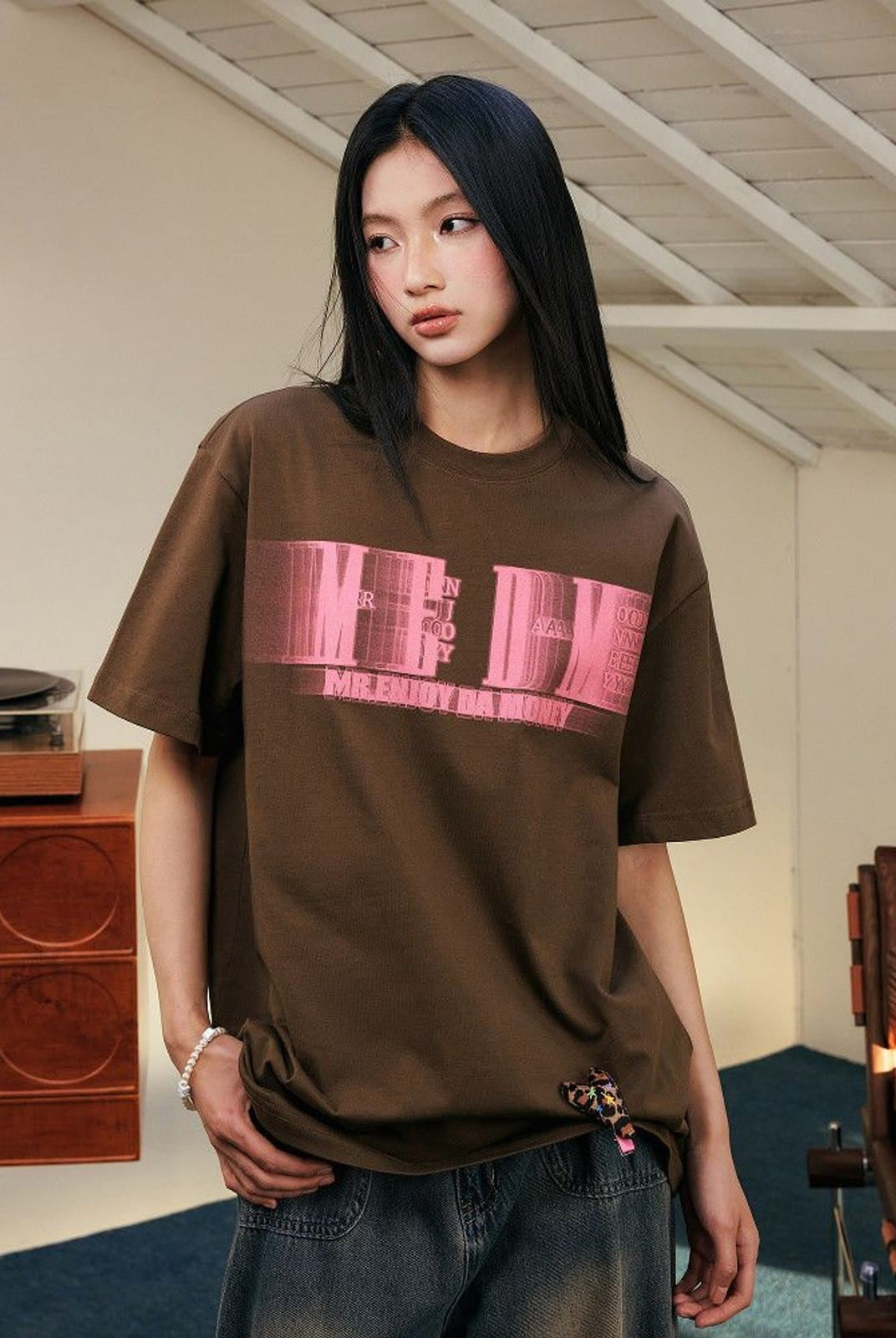 MEDM Glitch Logo Graphic Cotton T Shirt in Brown - On Female Model