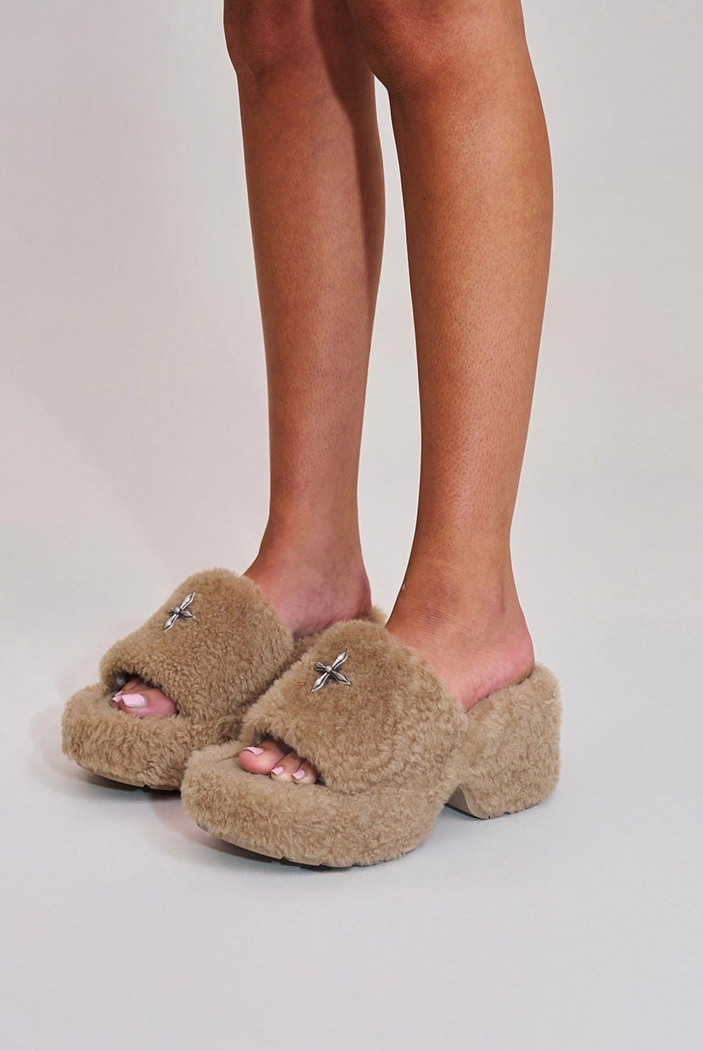 SMFK Cross Hardware Shearling High Heel Mules in Beige - On Female Model