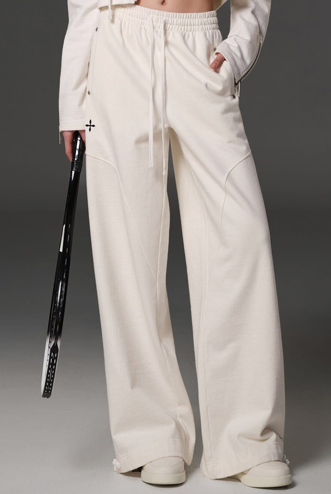 SMFK Cotton Wool Flared Sweatpants in White - On Female Model
