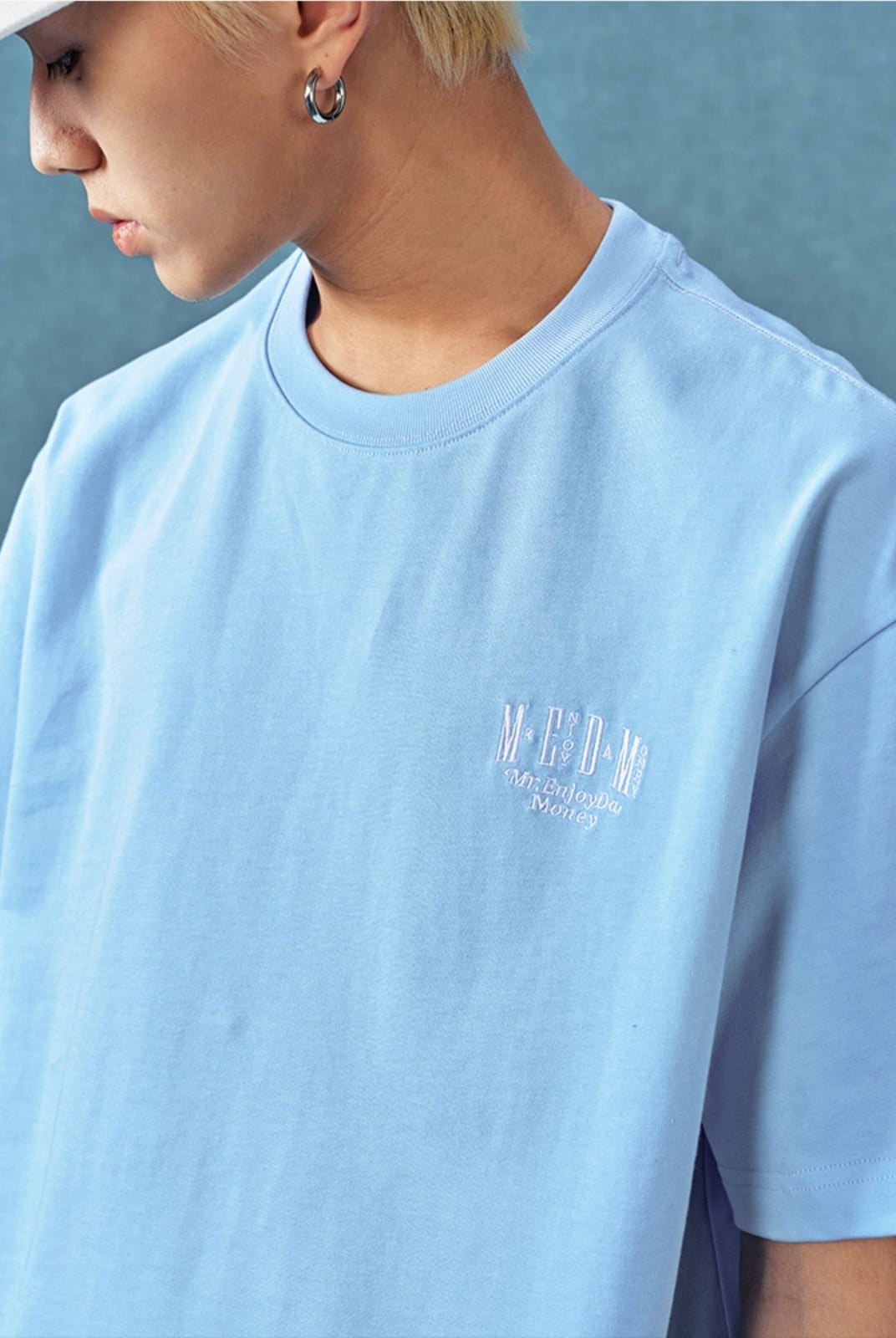 MEDM Letter Embroidery Cotton T Shirt in Sky Blue - On Male Model