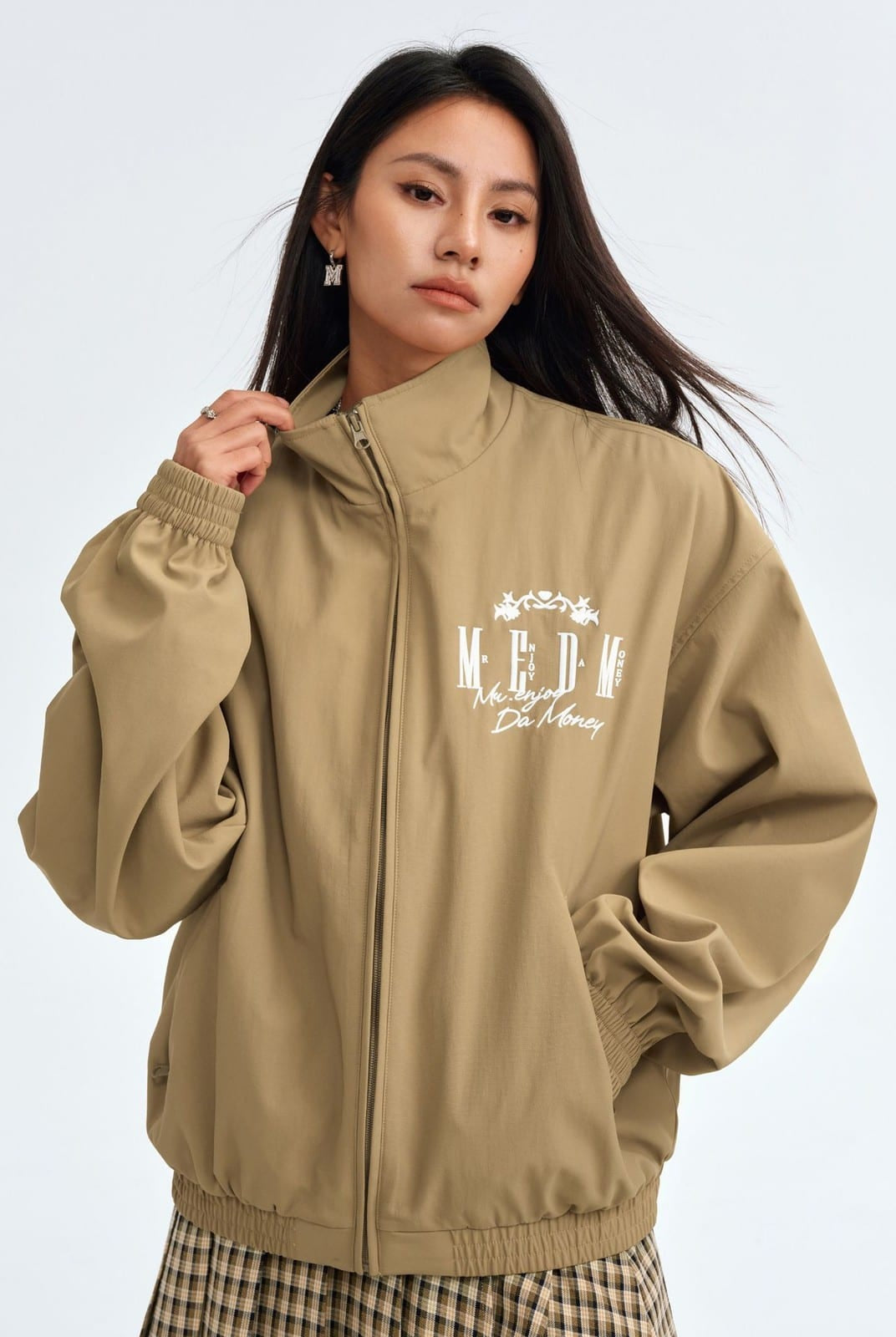 MEDM Nylon Stand Collar Coach Jacket in Beige - On Female Model