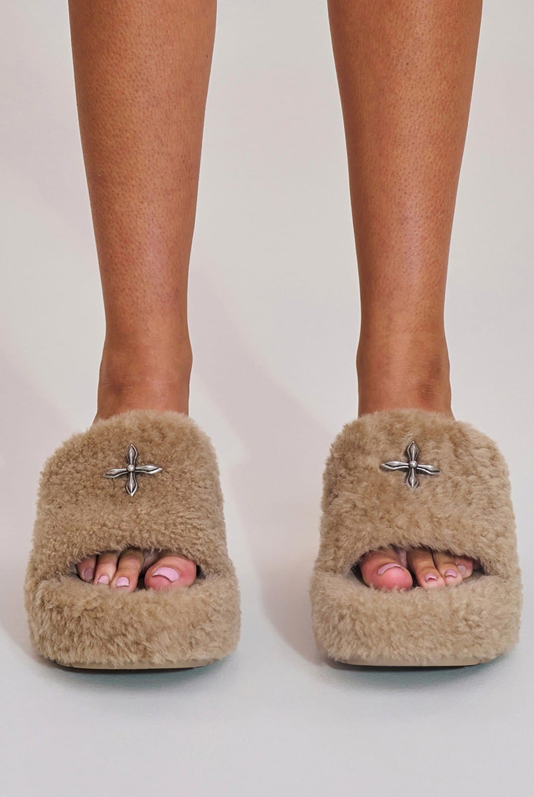 SMFK Cross Hardware Shearling High Heel Mules in Beige - On Female Model