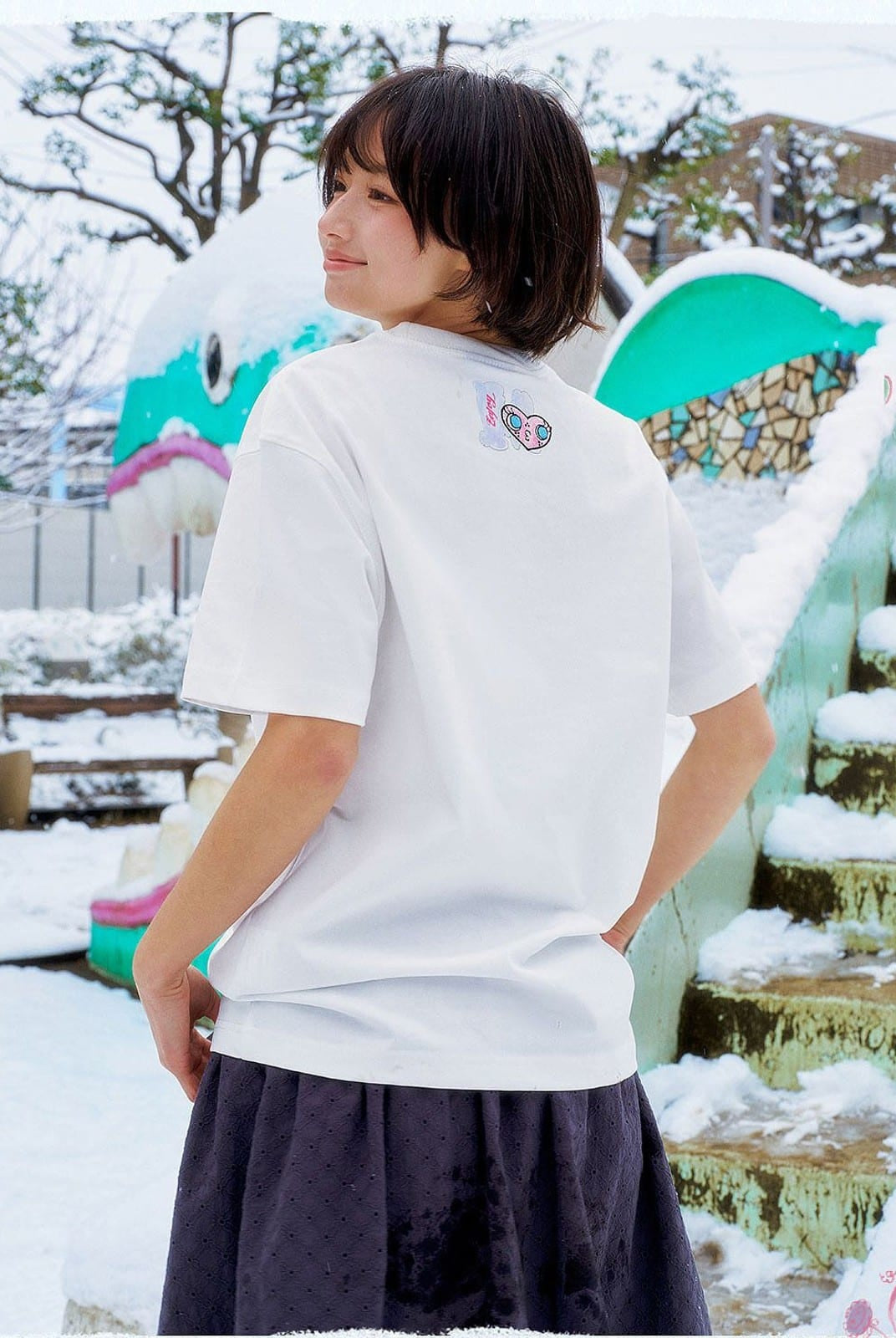 MEDM Embroidered Heart Cotton T Shirt in White - On Female Model